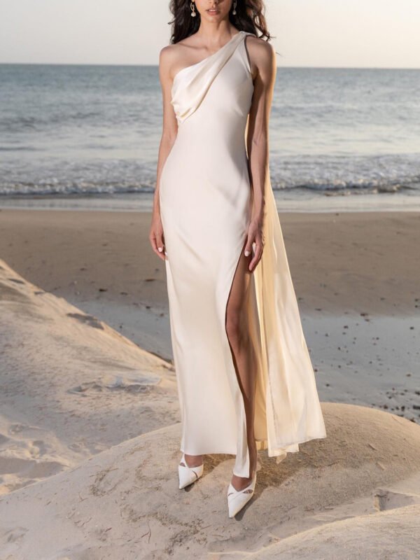 One-shoulder Apricot Slit Dress