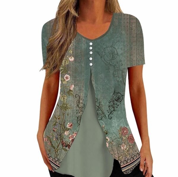 Fashion Printed Casual Short Sleeve Fake Two-piece T-shirts Women - Image 7