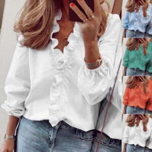 Women's Long Sleeve Solid Ruffle Shirt