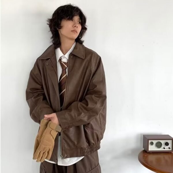 Japanese-style Retro Distressed Lapel Pu Jacket - Image 5