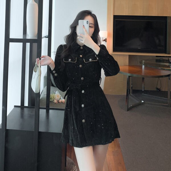 Spring New Light Luxury High Sense Retro Waist-controlled Slimming Small Corduroy Dress - Image 2