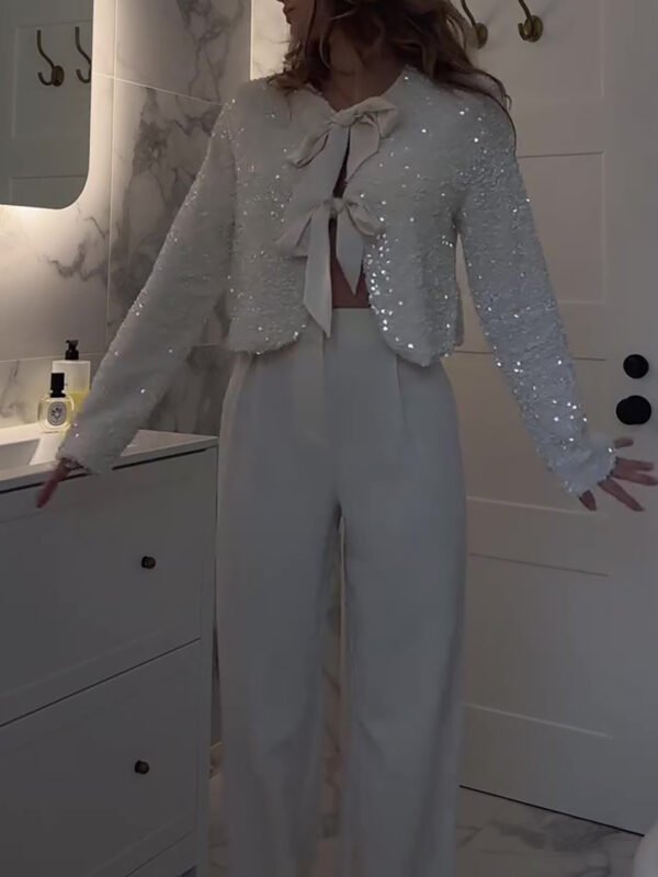 Bow White Sequined Cardigan - Image 2