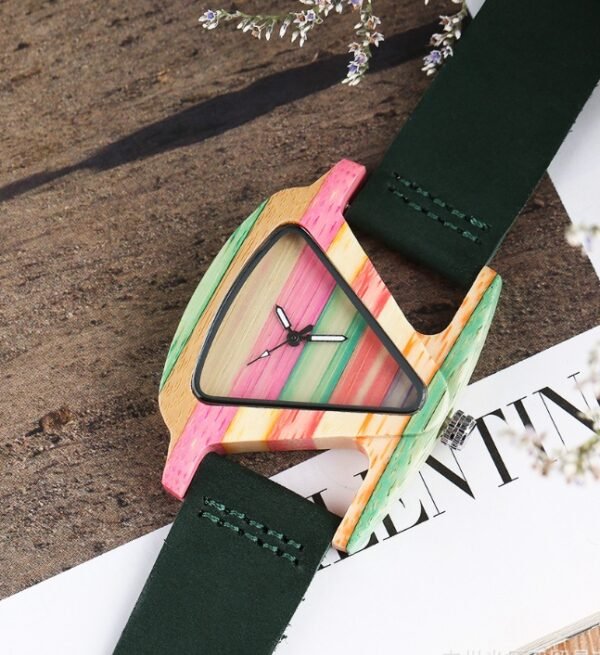 New wooden quartz watch Fashion color digital digital character triangle dial - Image 2