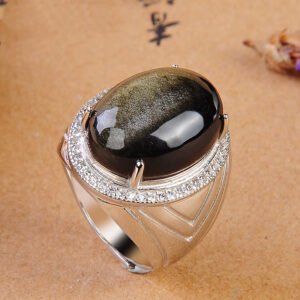 S925 Silver Inlaid Obsidian Ring Natural Gold Obsidian Ring