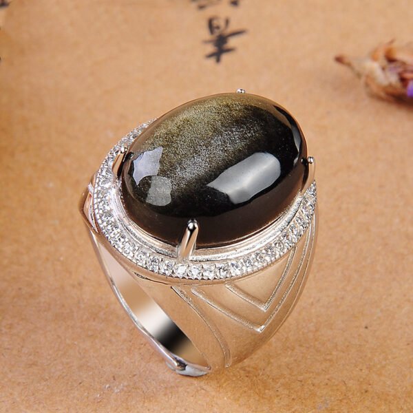 S925 Silver Inlaid Obsidian Ring Natural Gold Obsidian Ring