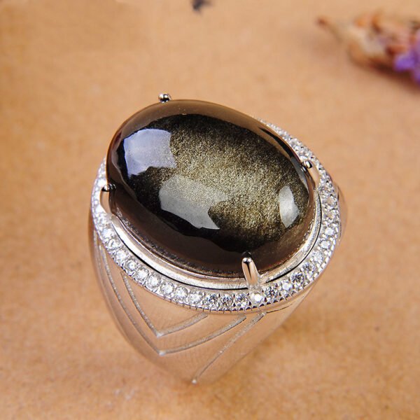 S925 Silver Inlaid Obsidian Ring Natural Gold Obsidian Ring - Image 4