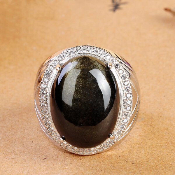 S925 Silver Inlaid Obsidian Ring Natural Gold Obsidian Ring - Image 5