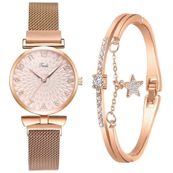 Mesh Band Magnetic Strap Ladies Bracelet Quartz Watch Set - Image 4