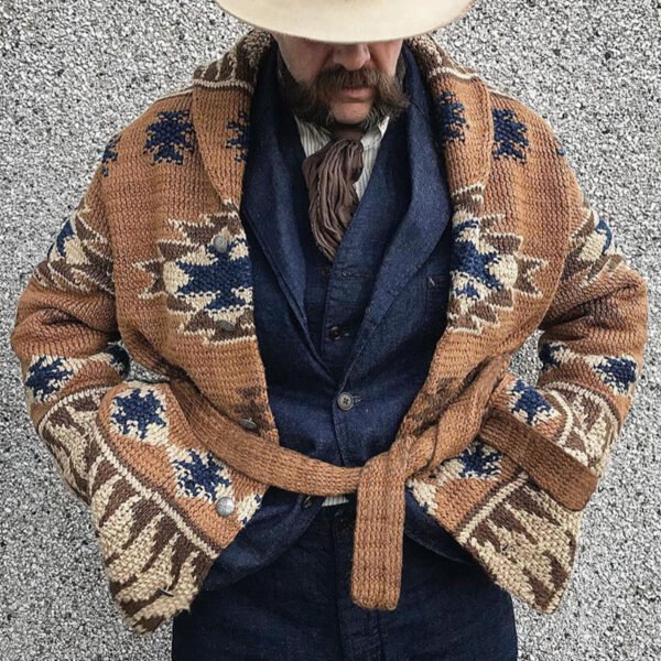 Men's Heavy Industry Brocade Sweater Autumn And Winter Thickening Cardigan Lace-up - Image 3