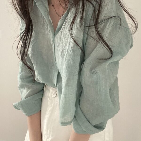 Simple Solid Color Single-breasted Lapel Ruffle Long Sleeve Shirt - Image 5