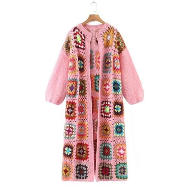 Color Plaid Round Neck Long Coat - Image 7