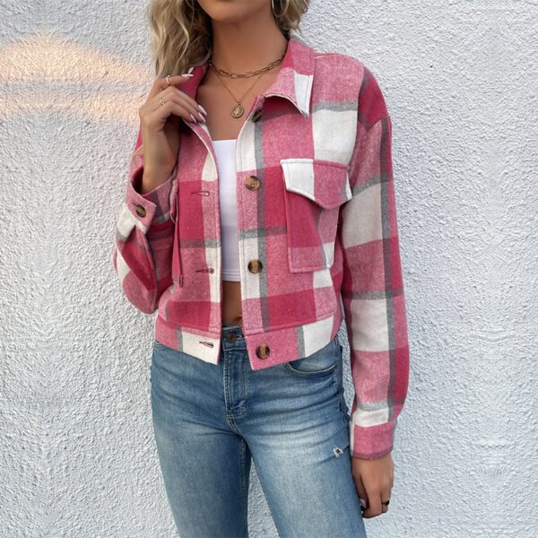 Plaid Lapel Cropped Jacket - Image 3
