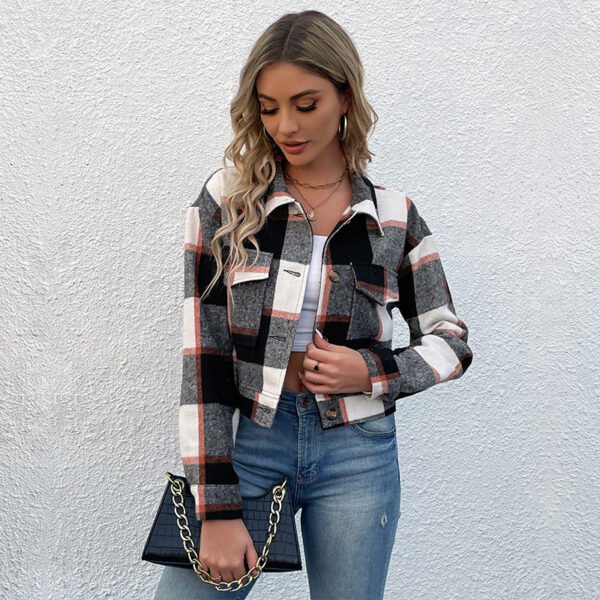 Plaid Lapel Cropped Jacket - Image 5