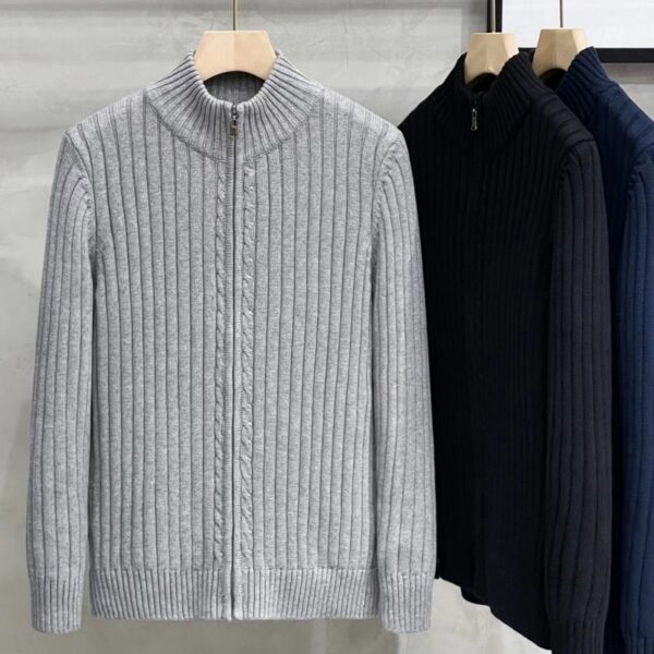 Cardigan Sweater Solid Color Zipper Outerwear Sweater Men's Coat - Image 4