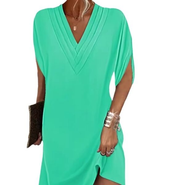 V-neck Pleated Batwing Sleeve Dress - Image 5