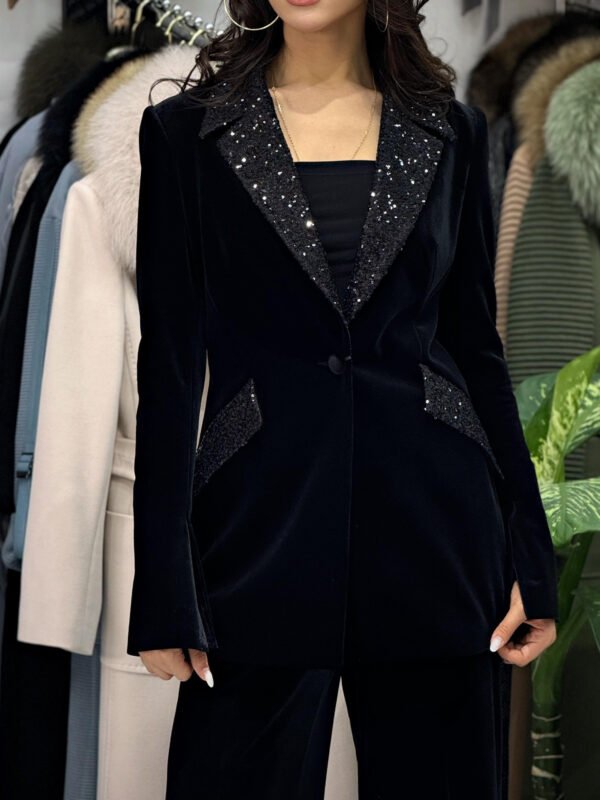 Velvet Patchwork Sequined Blazer & High-waisted Pants Suit - Image 5