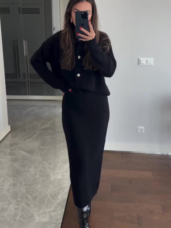 Solid Color Cardigan & Skirt Suit - Image 3