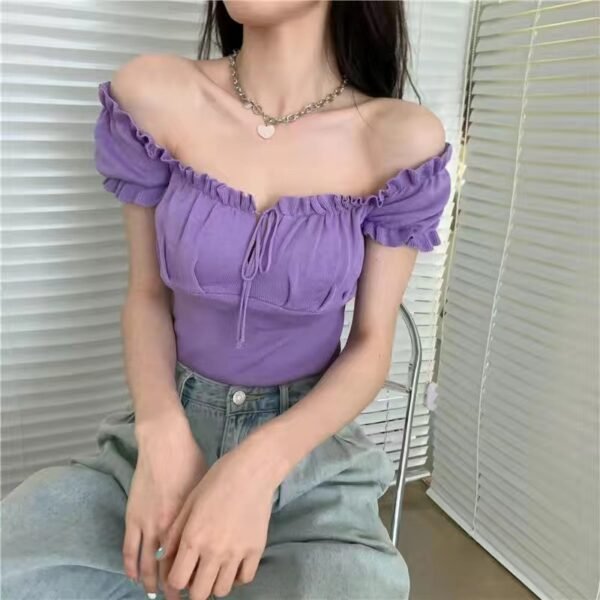 Women's Fashion Chic Collarbone Off-shoulder Design Drawstring Short Sleeve - Image 6