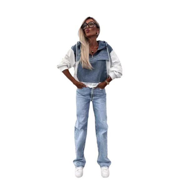 Fashion Loose Casual Washing Denim Stitching Hooded Women's Sweater - Image 5