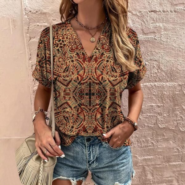 Printed T-shirt Ethnic V-neck Summer Short Sleeve - Image 5