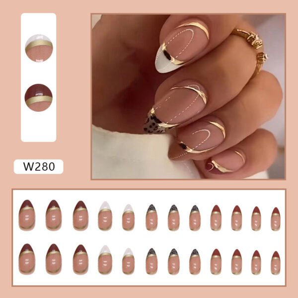 Almond Nail Shiny Gold Foil Color-blocking Leopard Print White Fake Nails - Image 2