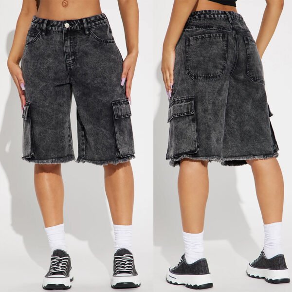 Street Washed Frayed Hem Women's Denim Straight Short Pants - Image 2