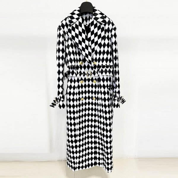 Black And White Diamond Grid Belt Long Trench Coat - Image 6
