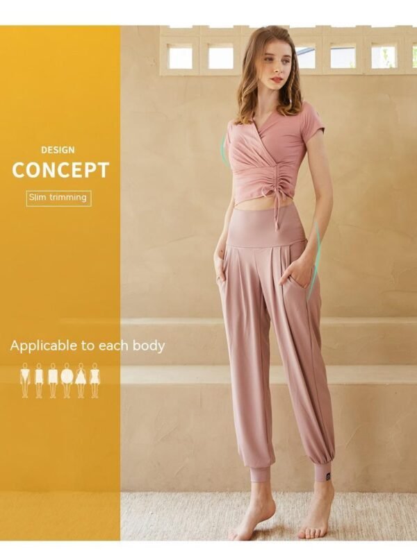 Summer Fashion New Short Sleeve Yoga Suit V-neck Cross Rope Waist Slimming Sports Pilates Ballet Style - Image 8