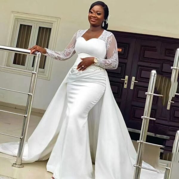 Slim High Waist White Satin Party Bridal Wedding Dress - Image 9