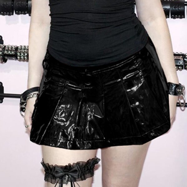 Wansheng New Low Waist Solid Color Pleated Leather Skirt - Image 4