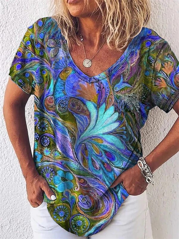 Europe And America Cross Border Summer Elegance Women's 3D Women's Abstract Painting T-shirt Pattern Graffiti - Image 3