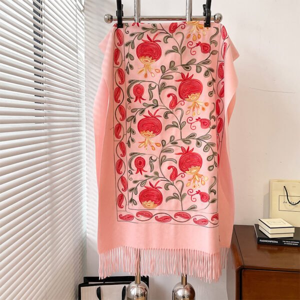 Contrast Color Pomegranate Leaf Embroidered Double-sided Shawl - Image 10