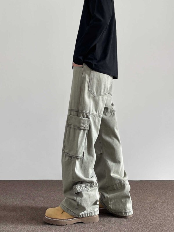 Large Pocket Denim Overalls Men's Straight Flared Trousers - Image 4