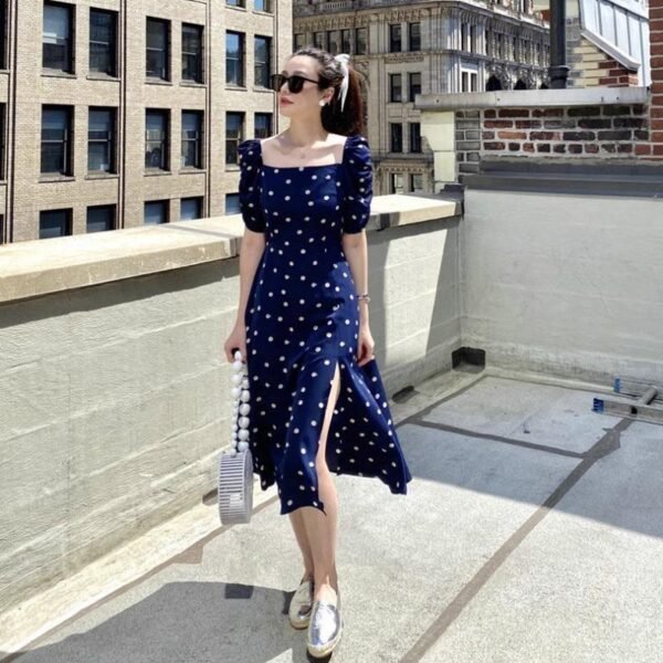 French Blue Polka Dots Dress Women's Summer New - Image 3