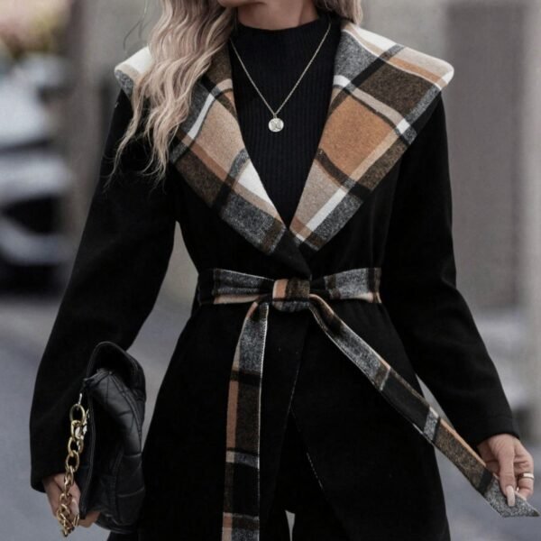 Lace-up Plaid Color Matching Wool Mid-length Trench Coat For Women - Image 5