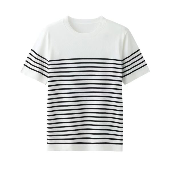 Soft Retro Navy Blue Shirt Short-sleeved T-shirt Men's Knitted Striped Top - Image 3