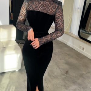Black Long Sleeve Lace Velvet Bodycon Dress Two Piece Set