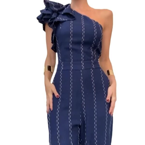 Waist-tight Diagonal Collar Shoulder-baring Stringy Selvedge Striped Jumpsuit - Image 5