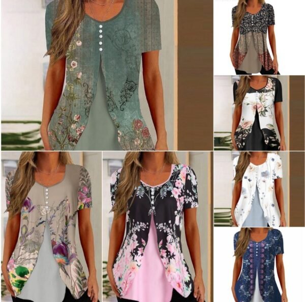 Fashion Printed Casual Short Sleeve Fake Two-piece T-shirts Women - Image 2