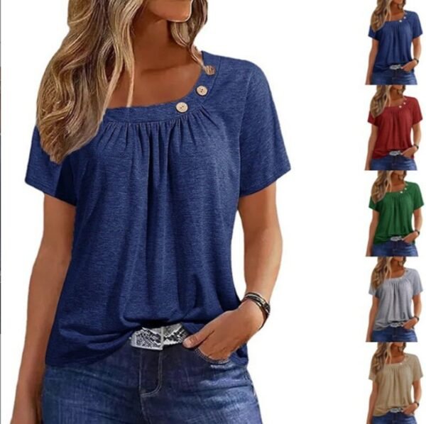 Solid Color Buttons Element Short Sleeve Round Neck T-shirt - Image 10
