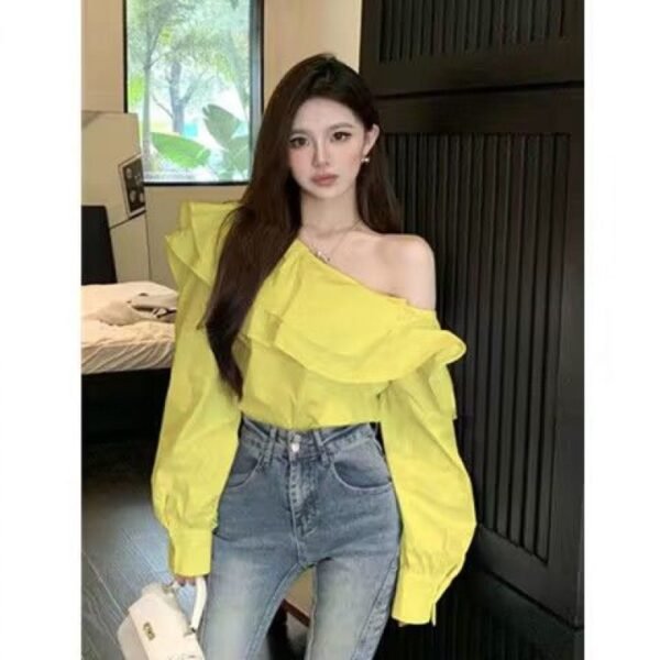 Women's Ruffled Off-the-shoulder Long Sleeve Design Elegant Socialite Shirt - Image 5