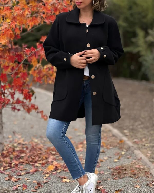 Polo Collar Solid Color Casual Bow Woolen Coat - Image 7