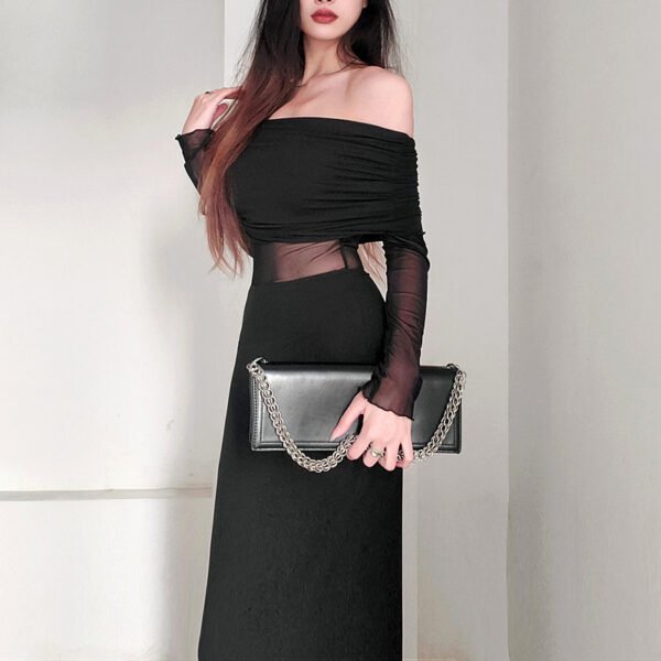 Women's Winter Sexy Off-the-shoulder Pleated Long Sleeve Polyester Dress - Image 7
