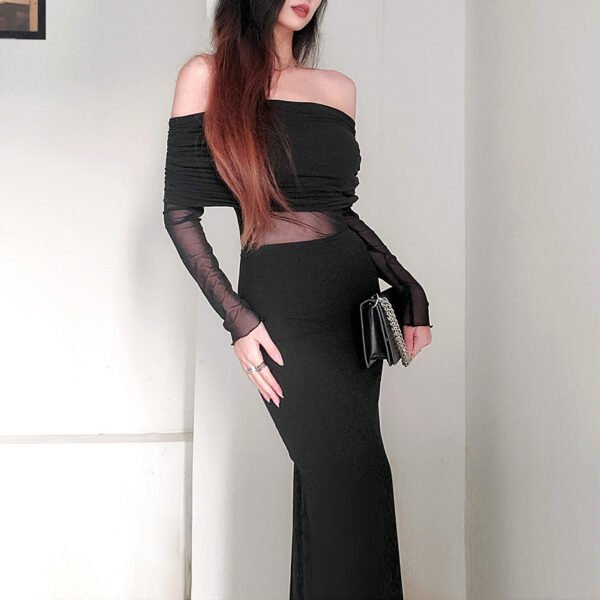 Women's Winter Sexy Off-the-shoulder Pleated Long Sleeve Polyester Dress - Image 8