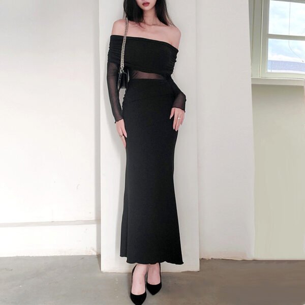 Women's Winter Sexy Off-the-shoulder Pleated Long Sleeve Polyester Dress - Image 9