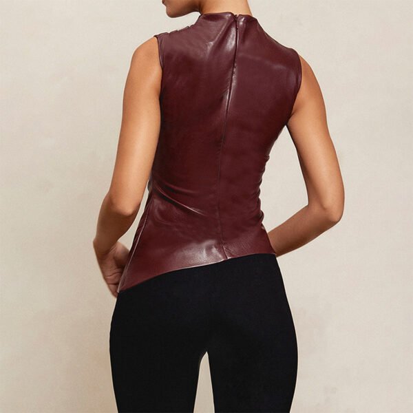 Women's Leather Cascading Collar Waist Slant Short Sleeve - Image 10