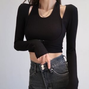 Halterneck Long-sleeved T-shirt Women's Solid Color Short Slim Fit