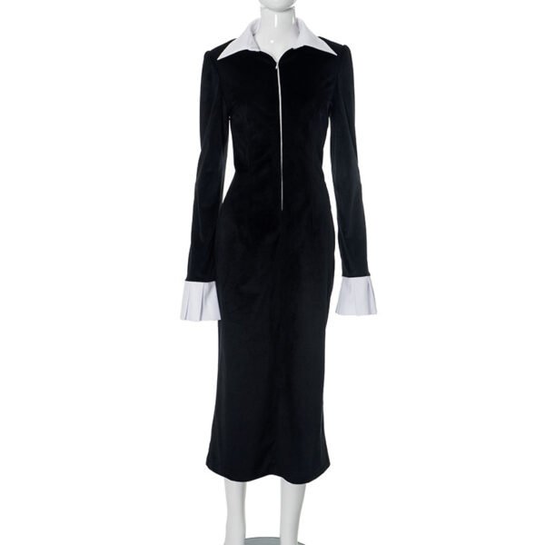 Contrast Color Lapels Long Sleeve Zipper Dress - Image 5