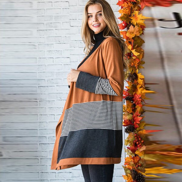 Striped Color Stitching Knitted Cardigan - Image 3