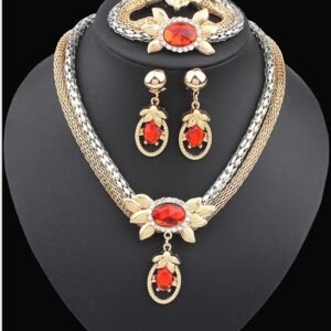 Bridal alloy four pieces of European and American double color crystal flower necklace earrings bracelet ring set 9132
